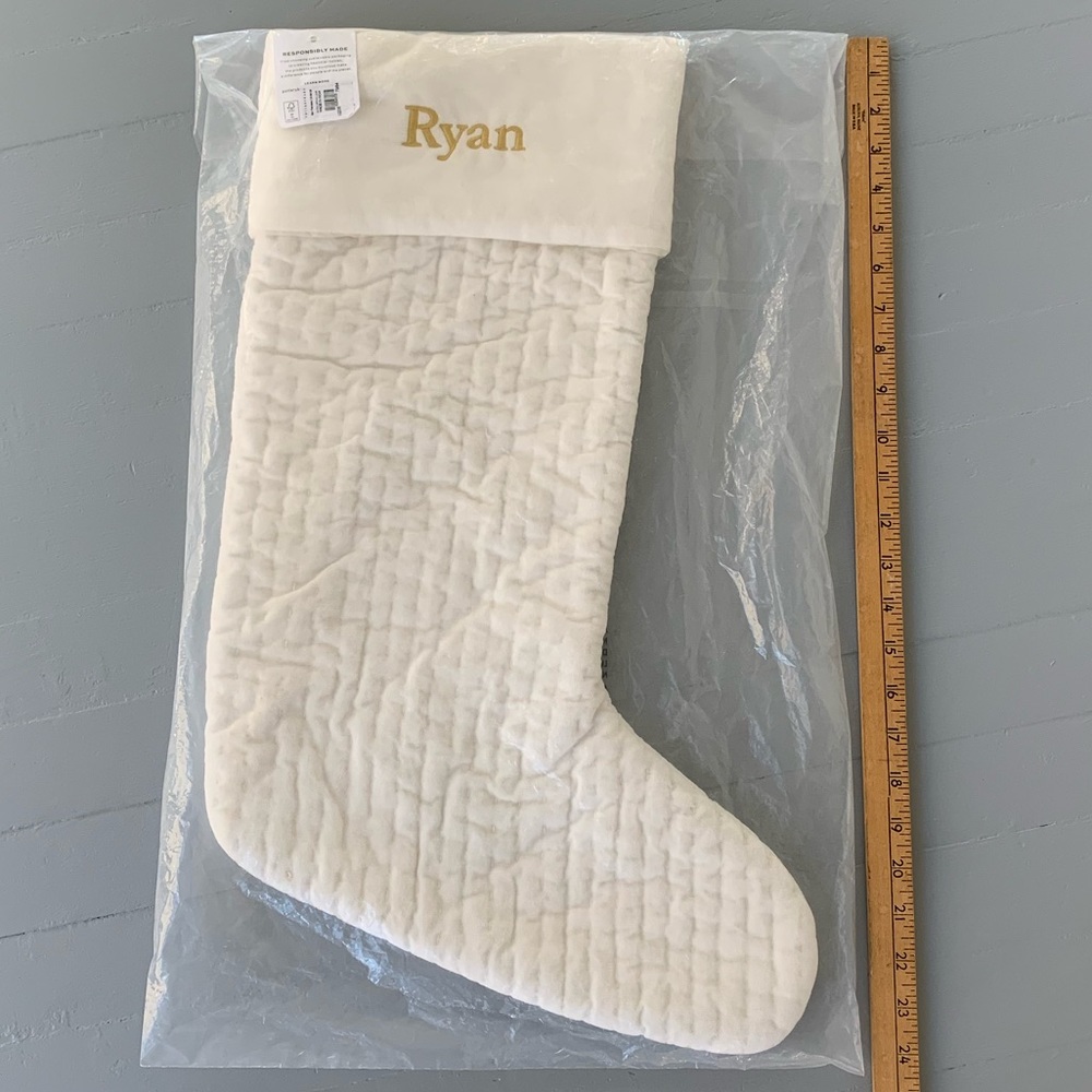 NWT Pottery Barn Ivory Quilted Velvet Christmas Stocking - ‘Ryan’